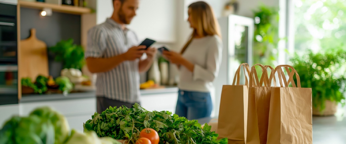 Couple checking their phones in a kitchen beside paper grocery bags of fresh produce